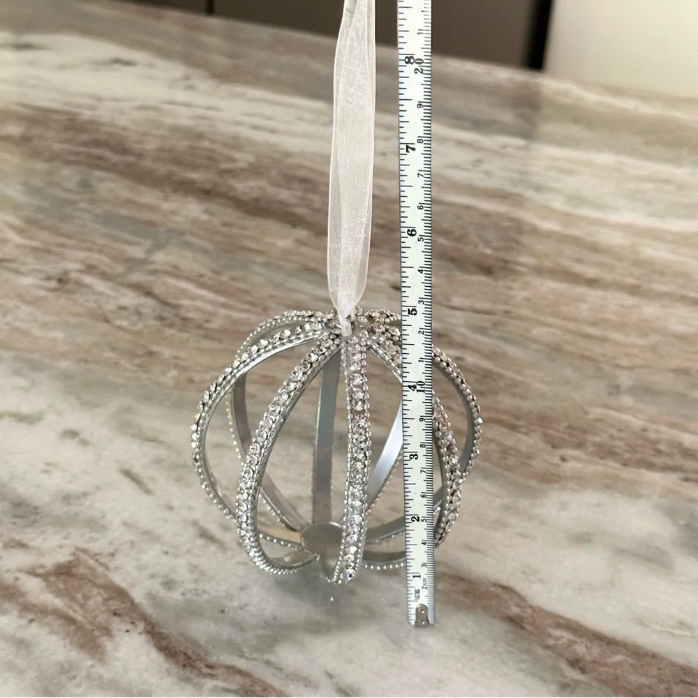Large Silver Christmas Ornament- Rhinestone Beaded Sparkly Jewel Holiday Decor